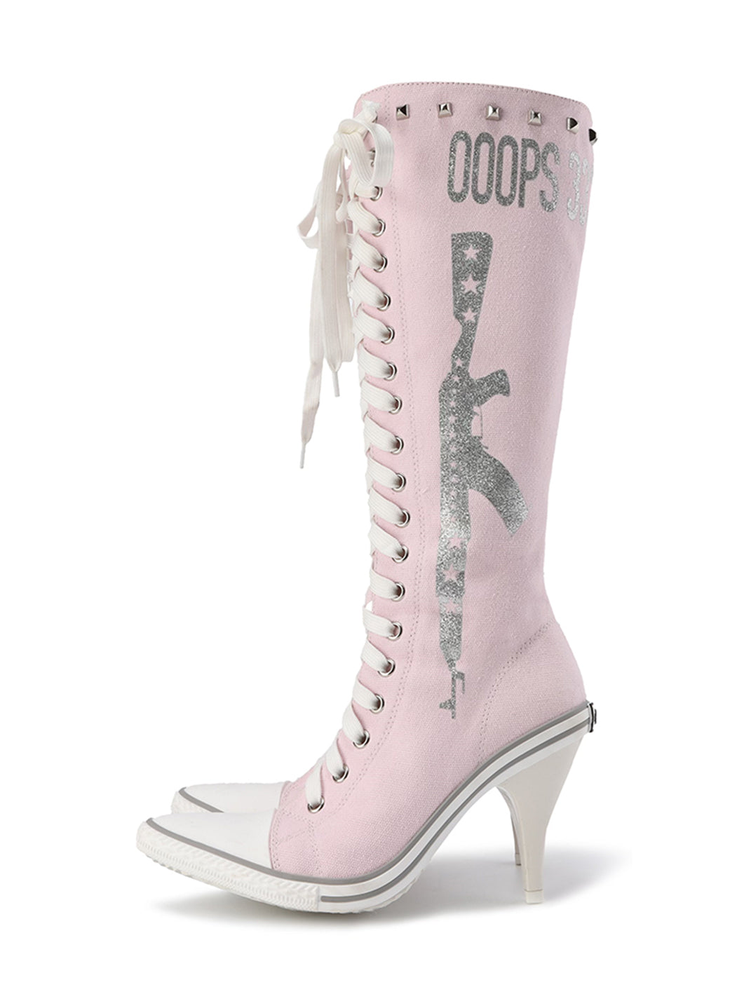 Ooops333 Pistol-Print Studded High-Heeled Boots - Pink