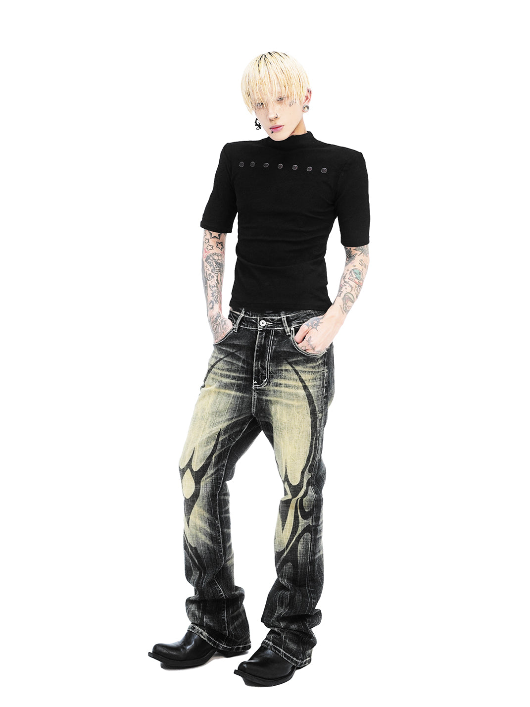 DETW Black and Yellow 14 oz Printed Flared Jeans - view 10