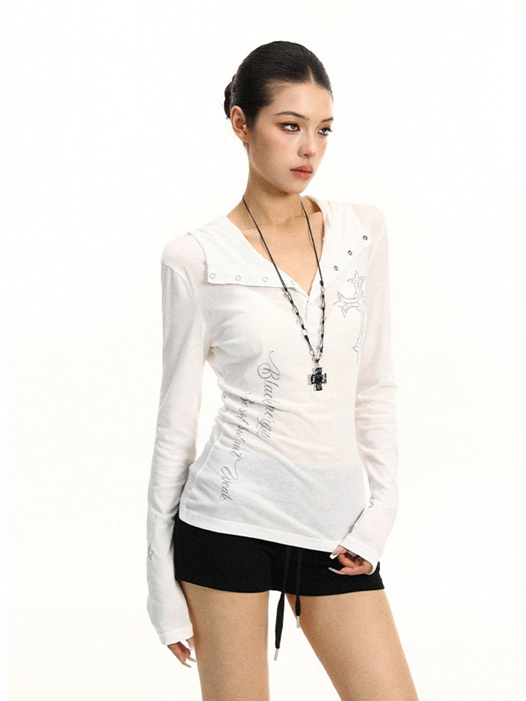 BIGGOLD Henley Neck Cross Printed Long Sleeve T-Shirt - view 10