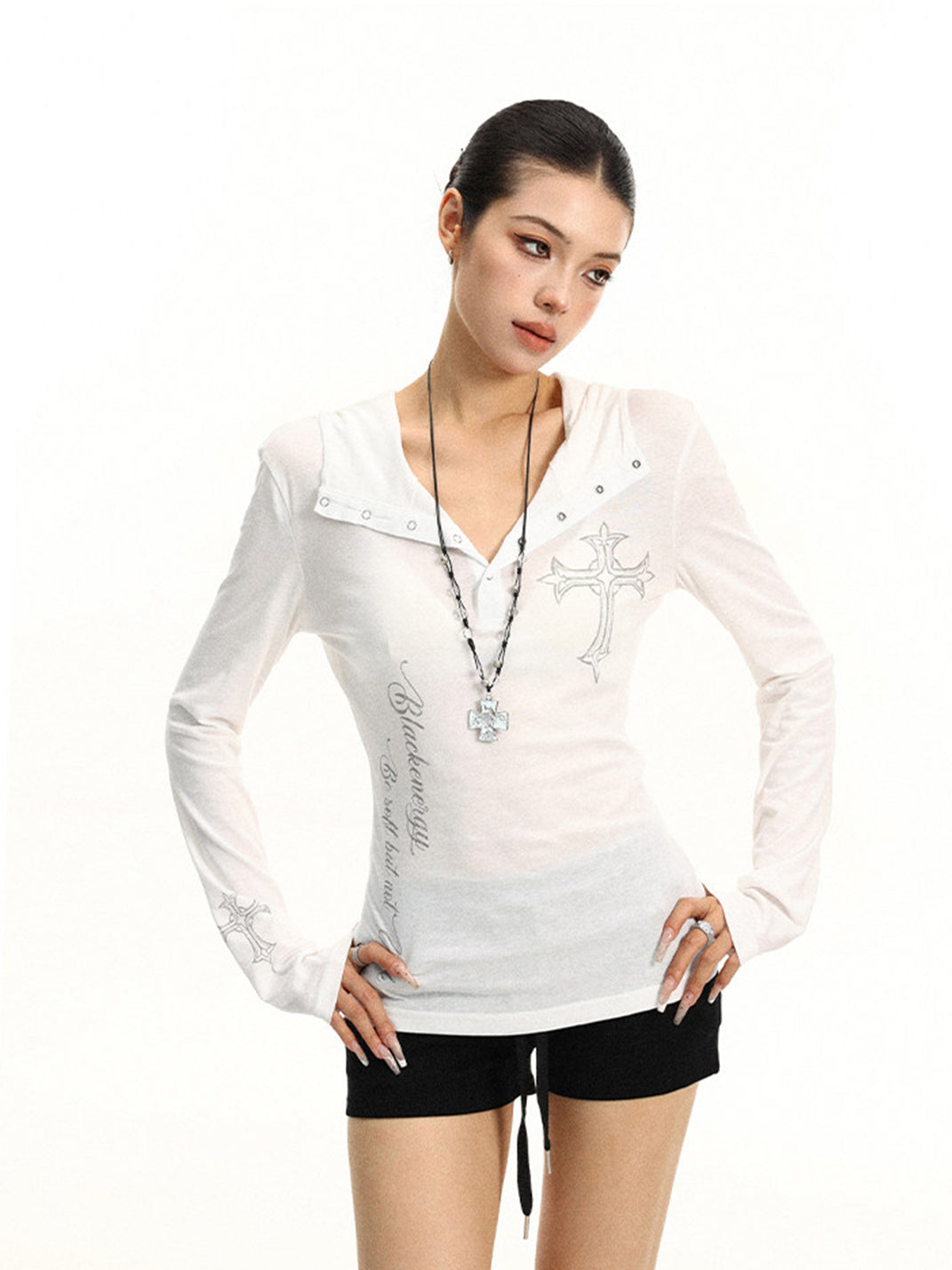 BIGGOLD Henley Neck Cross Printed Long Sleeve T-Shirt - view 11