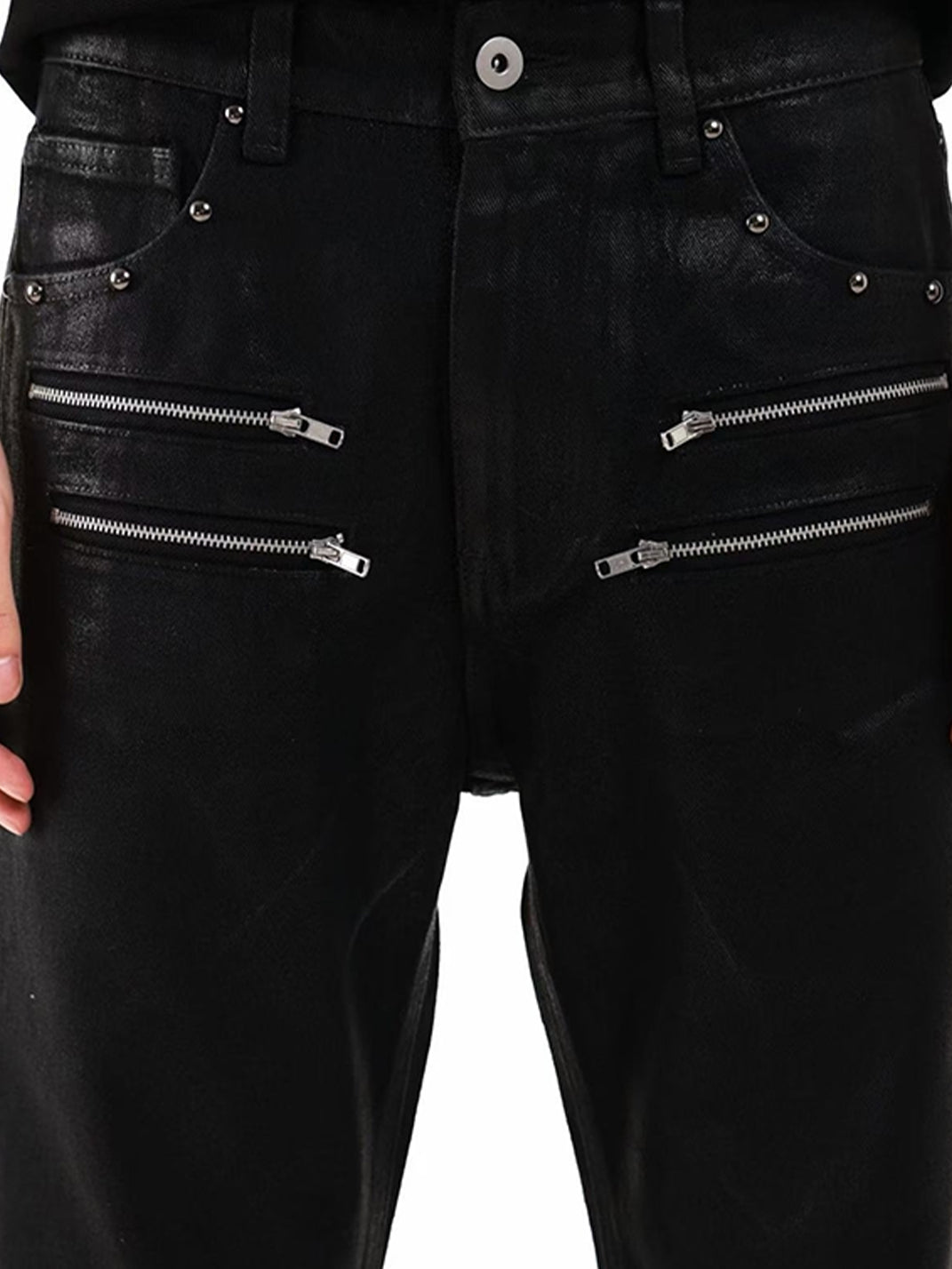 DETW Wax-Coated Asymmetric Stacked Jeans - view 11