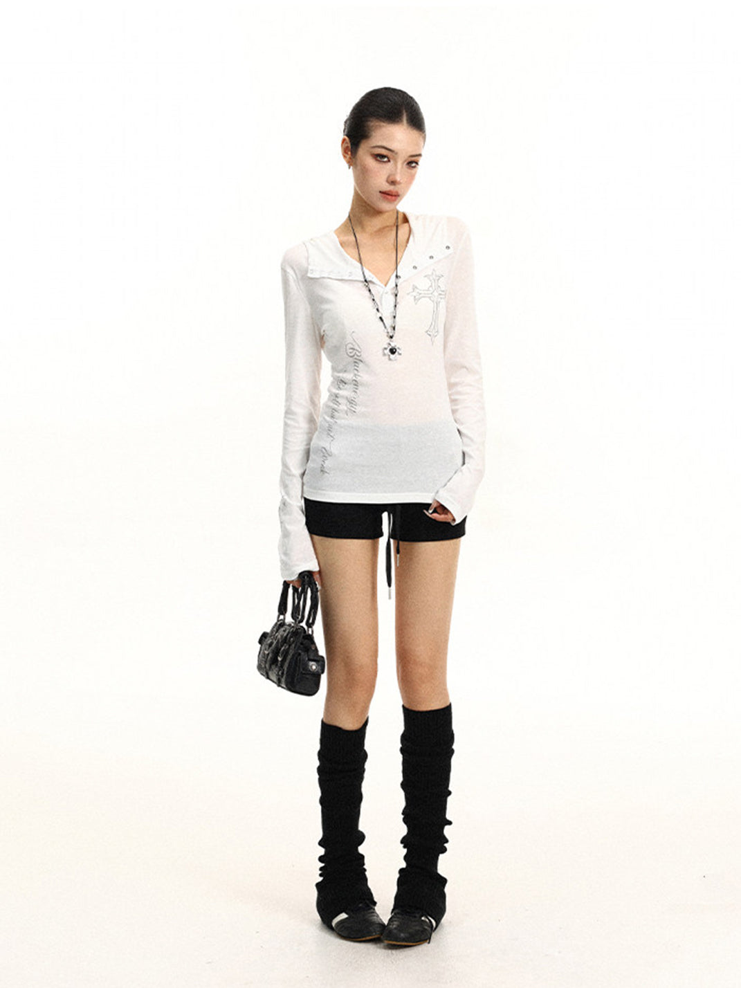 BIGGOLD Henley Neck Cross Printed Long Sleeve T-Shirt - view 12