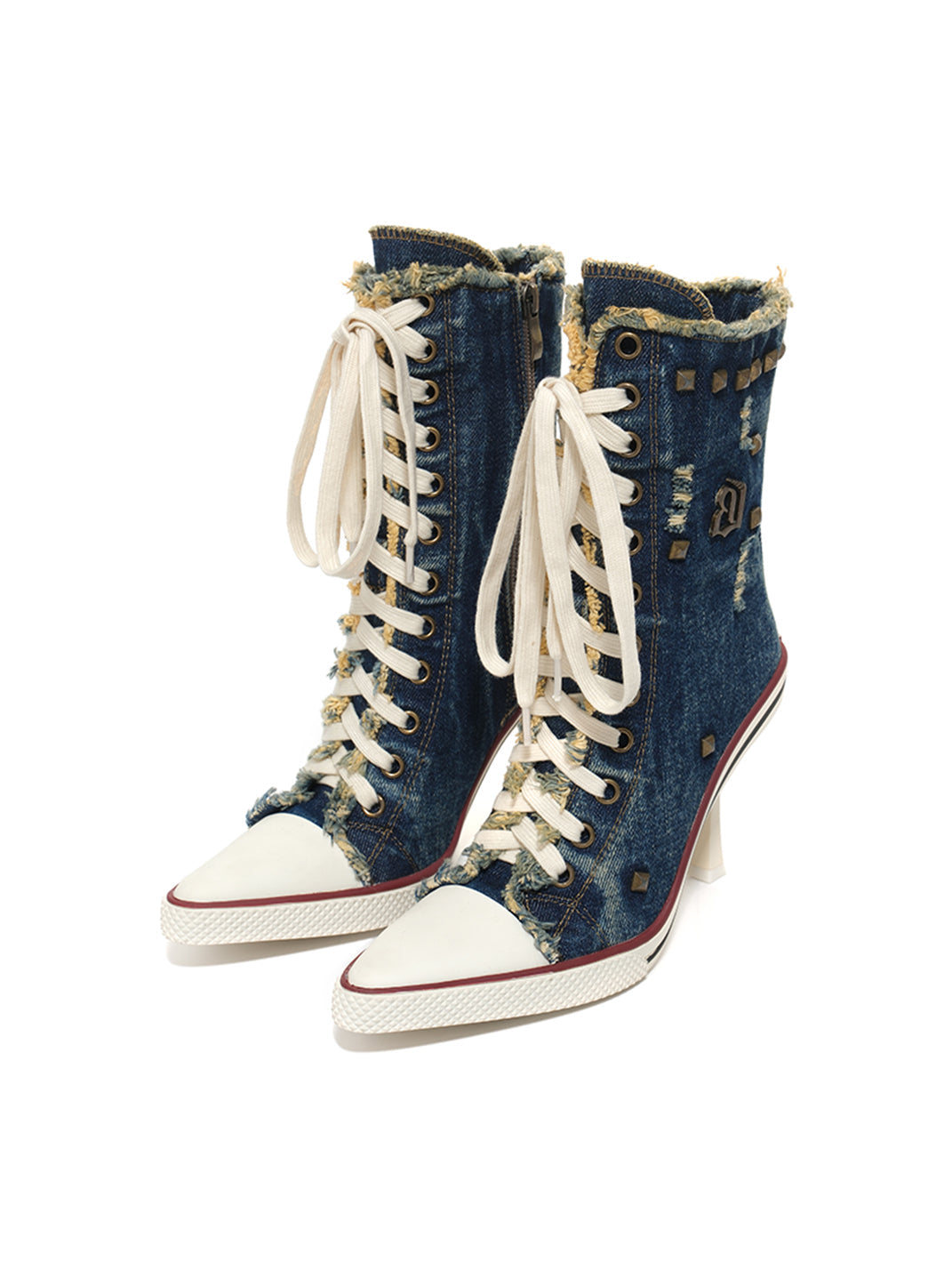 UnicornBlood Distressed Studded Washed Denim High Heels - Denim Blue