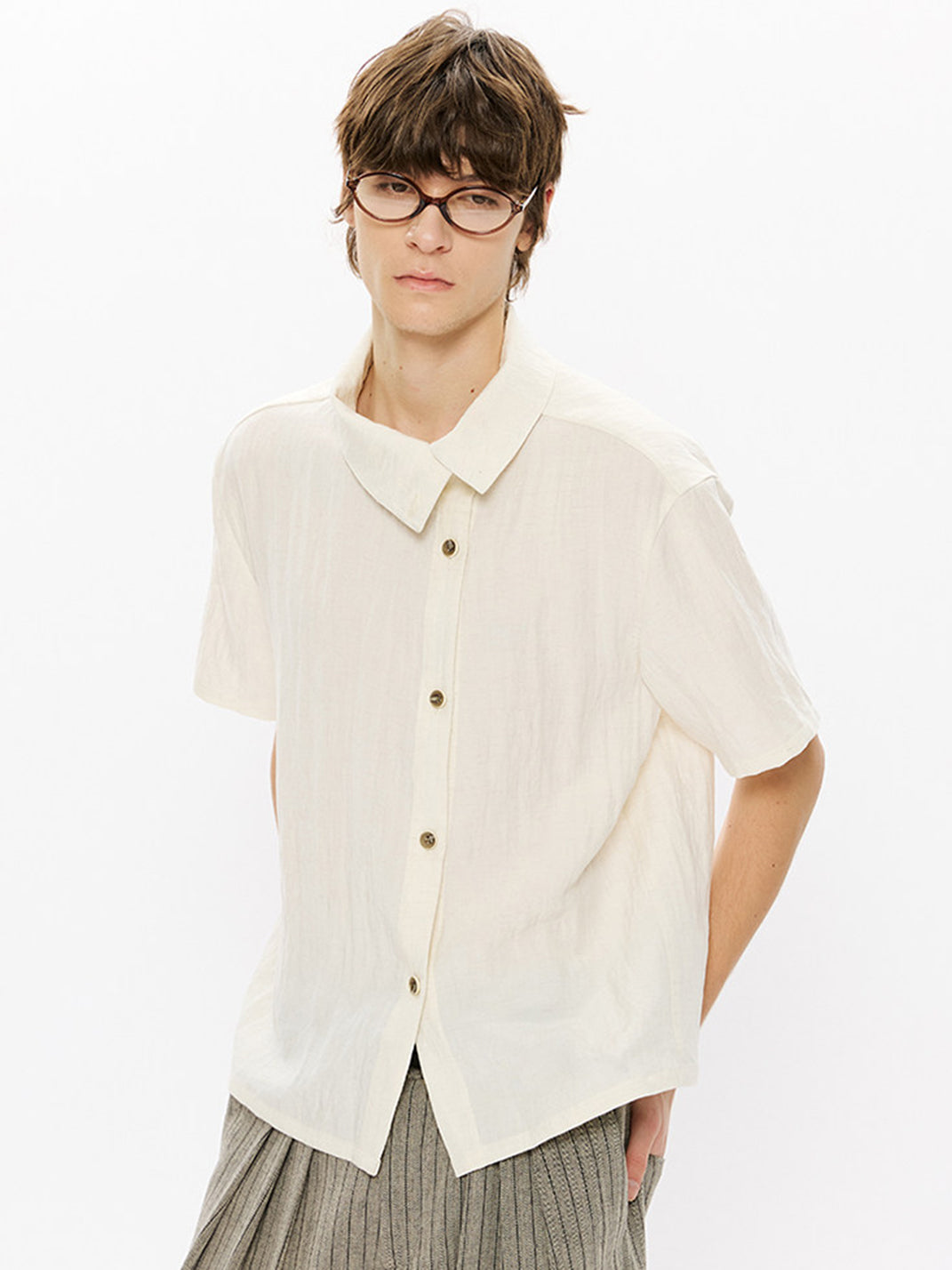 KREATE Asymmetric Placket Stand Collar Convertible Short Sleeve Shirt - view 12