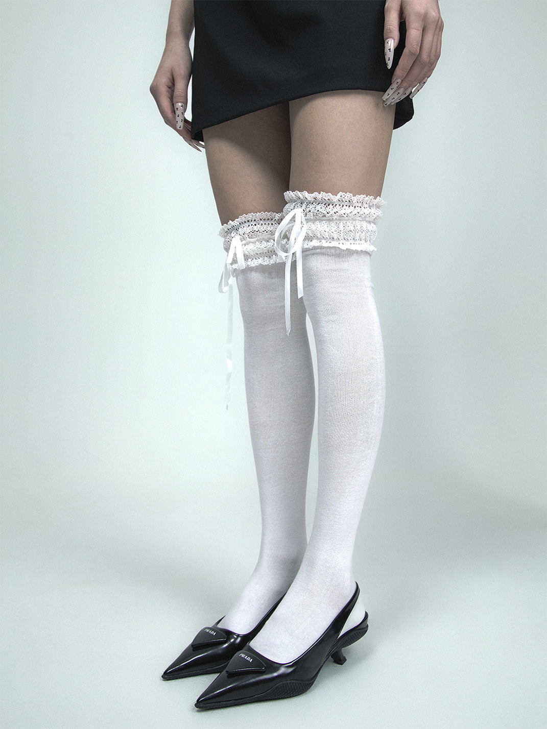 SS2L Lace Ribbon Bow Over-Knee Stockings - White+White Rope