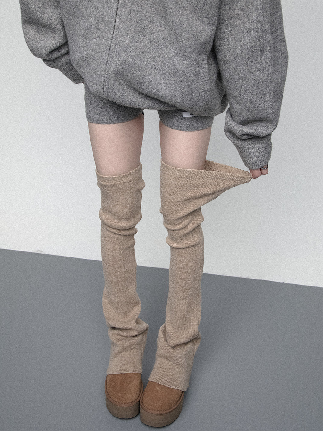 SS2L Cozy Stretch Knit Flared Thigh High Leg Warmers - Camel