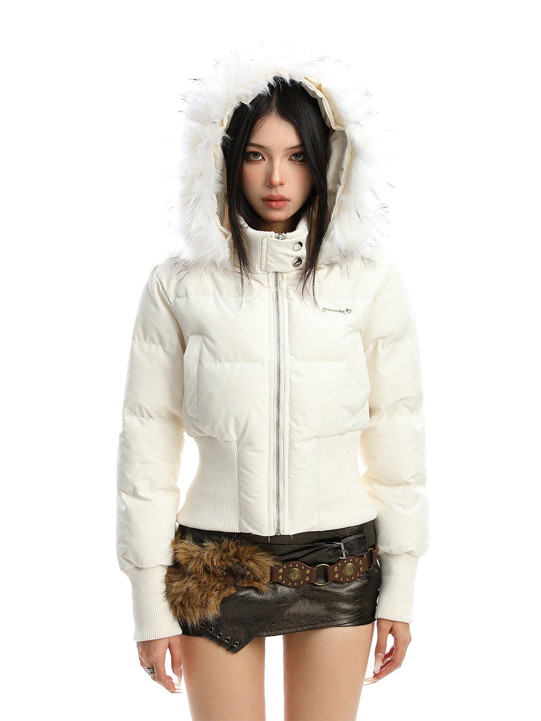 BIGGOLD Removable Fur-Collar Hooded Cotton-Padded Jacket - Apricot