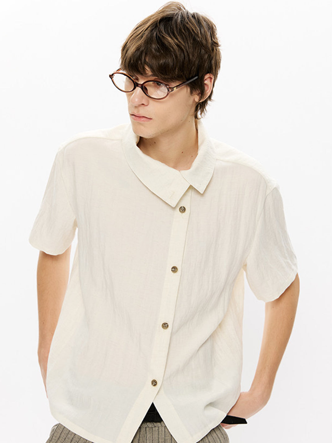 KREATE Asymmetric Placket Stand Collar Convertible Short Sleeve Shirt - view 13