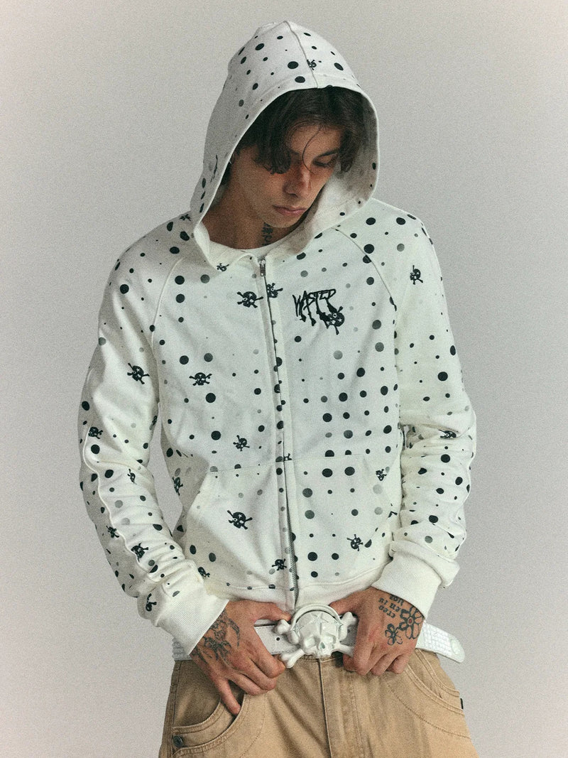Wasted black polka dot cropped zip hoodie on model