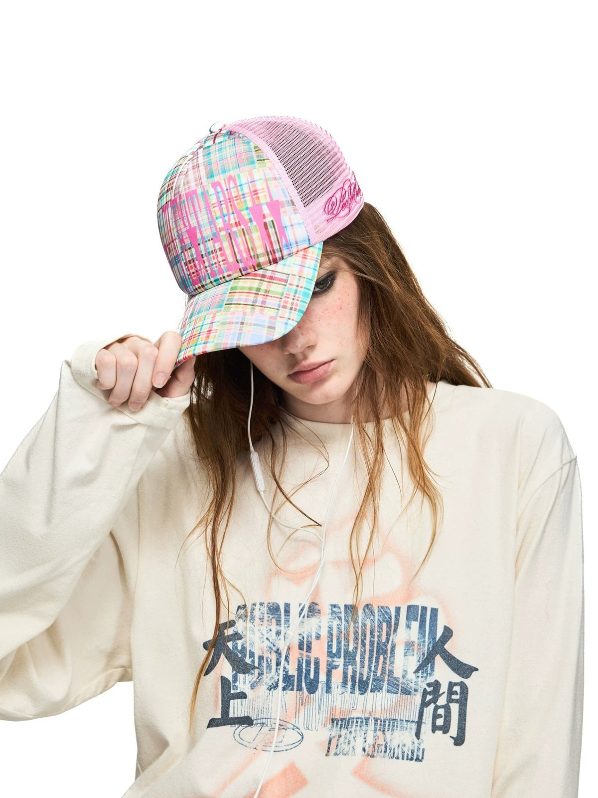 PEOPLESENSE Pink Plaid Flocked Embroidered Mesh Trucker Cap - model back view