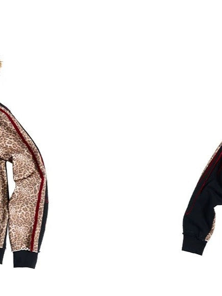 PEOPLESENSE Leopard Print Fur Hood Zip Hoodie - front and back flat lay
