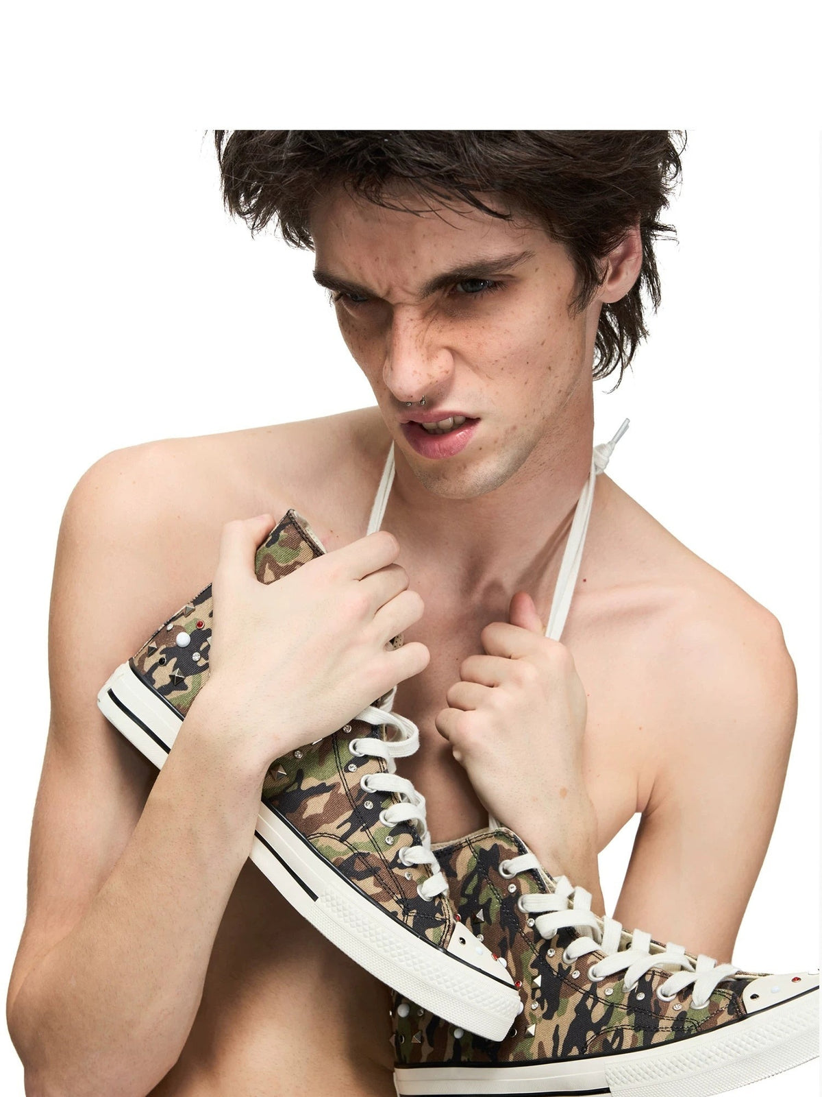 PEOPLESENSE Camo Studded High-Top Canvas Sneakers - held by model