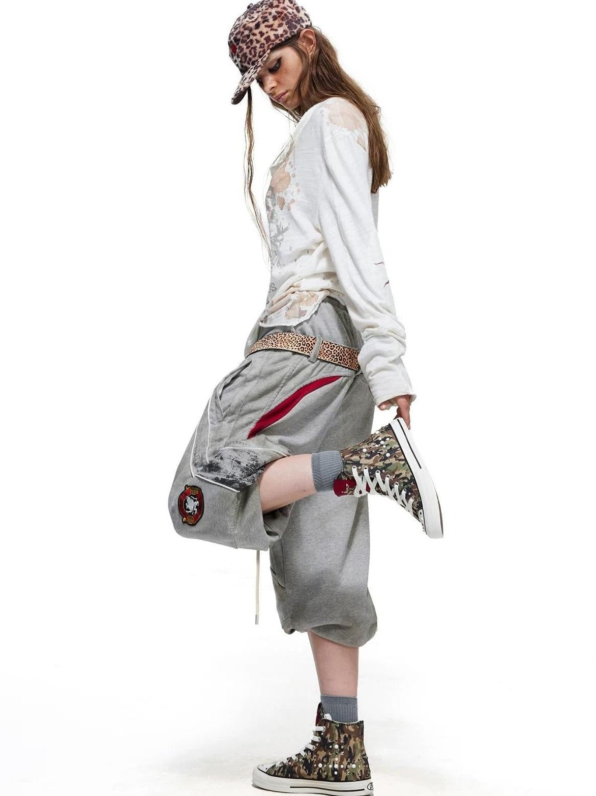 PEOPLESENSE Camo Studded High-Top Canvas Sneakers - lookbook leg raised