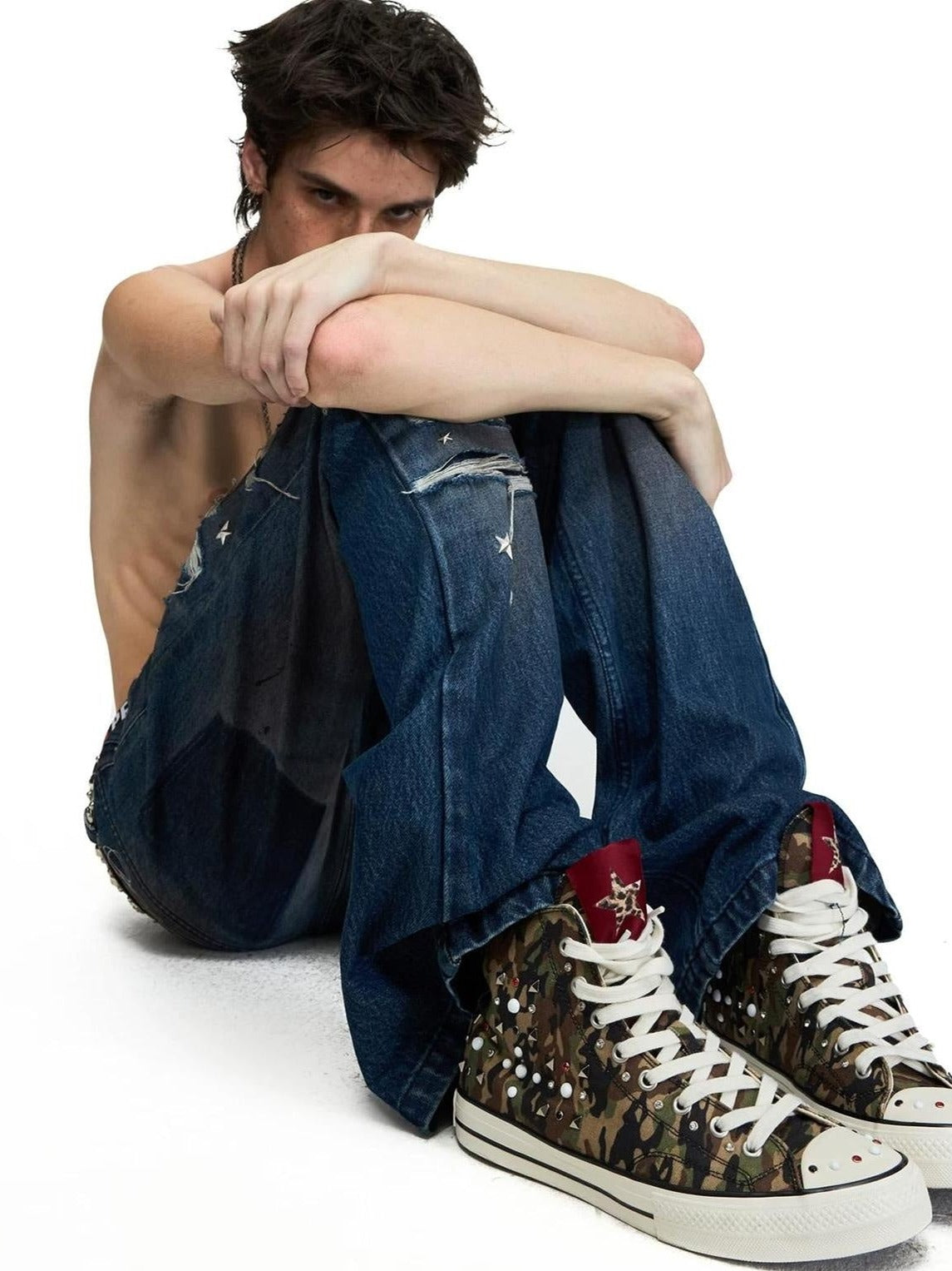 PEOPLESENSE Camo Studded High-Top Canvas Sneakers - lookbook seated