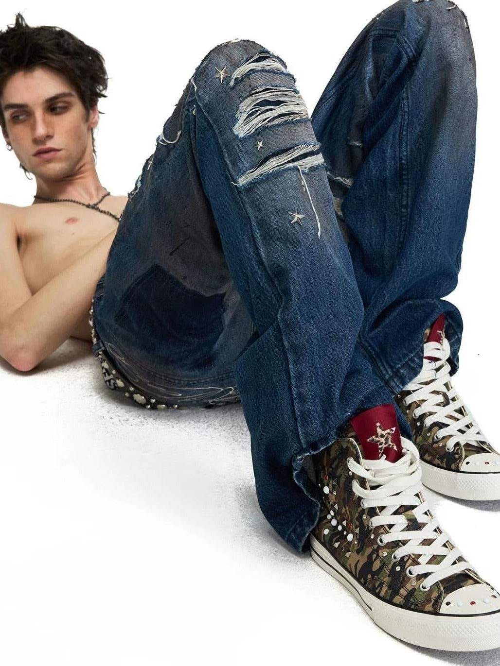 PEOPLESENSE Camo Studded High-Top Canvas Sneakers - lookbook lying