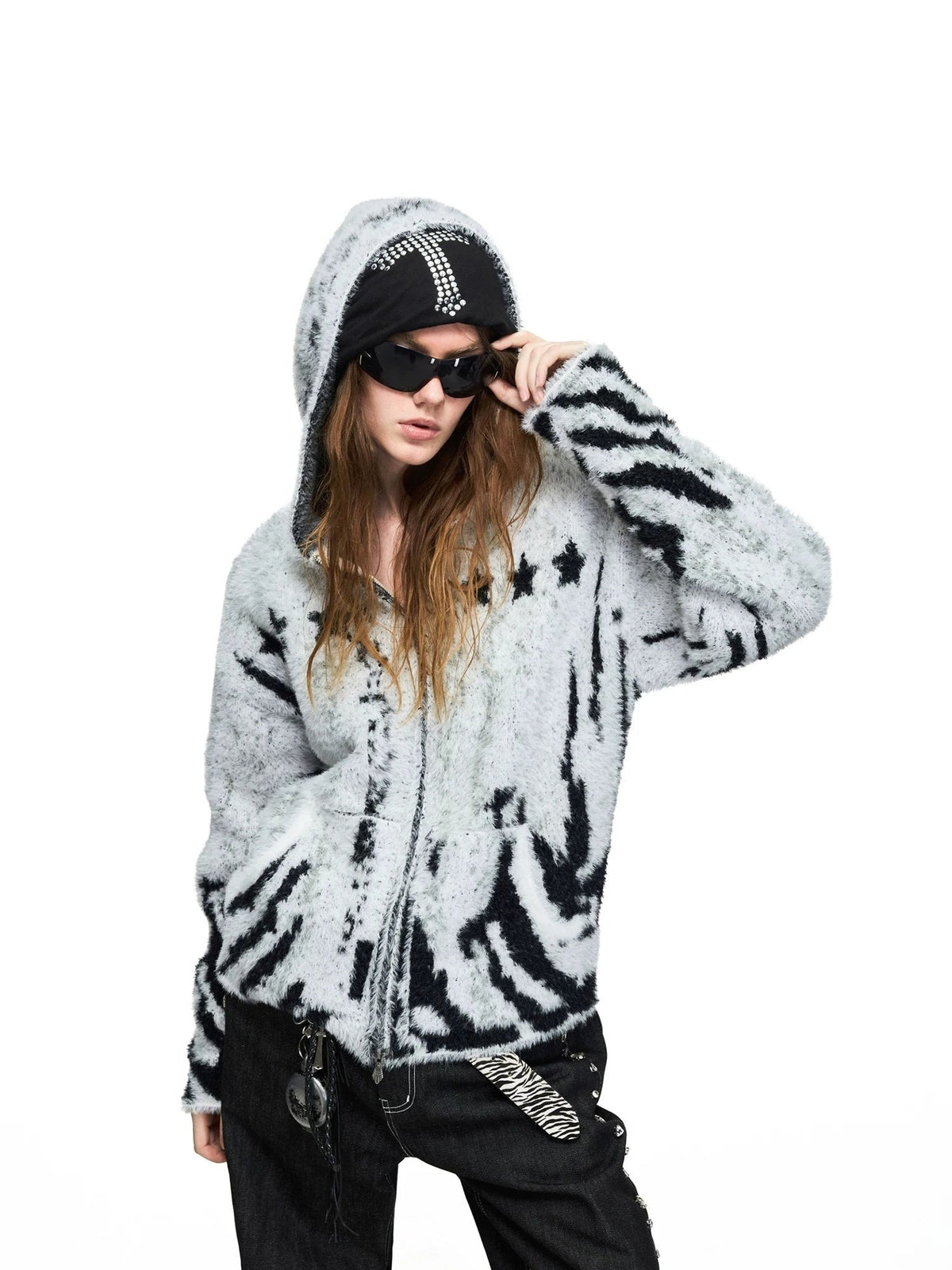 PEOPLESENSE Faux Mink Tiger Stripe Hooded Zip Cardigan - hood-up styled look