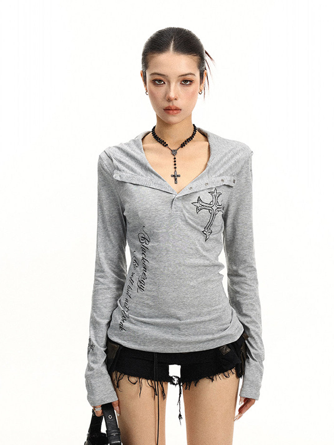 BIGGOLD Henley Neck Cross Printed Long Sleeve T-Shirt - view 15