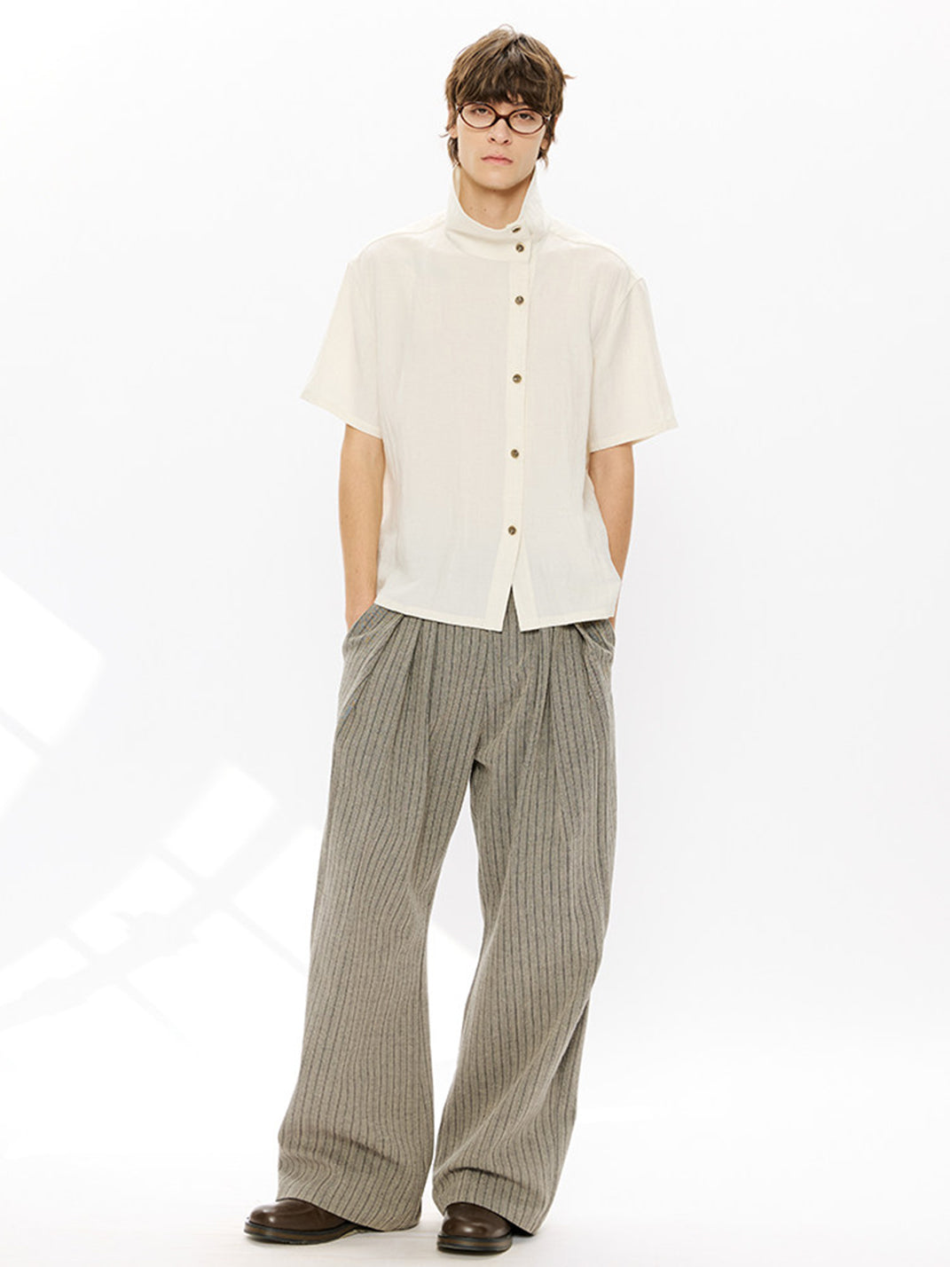 KREATE Asymmetric Placket Stand Collar Convertible Short Sleeve Shirt - view 15