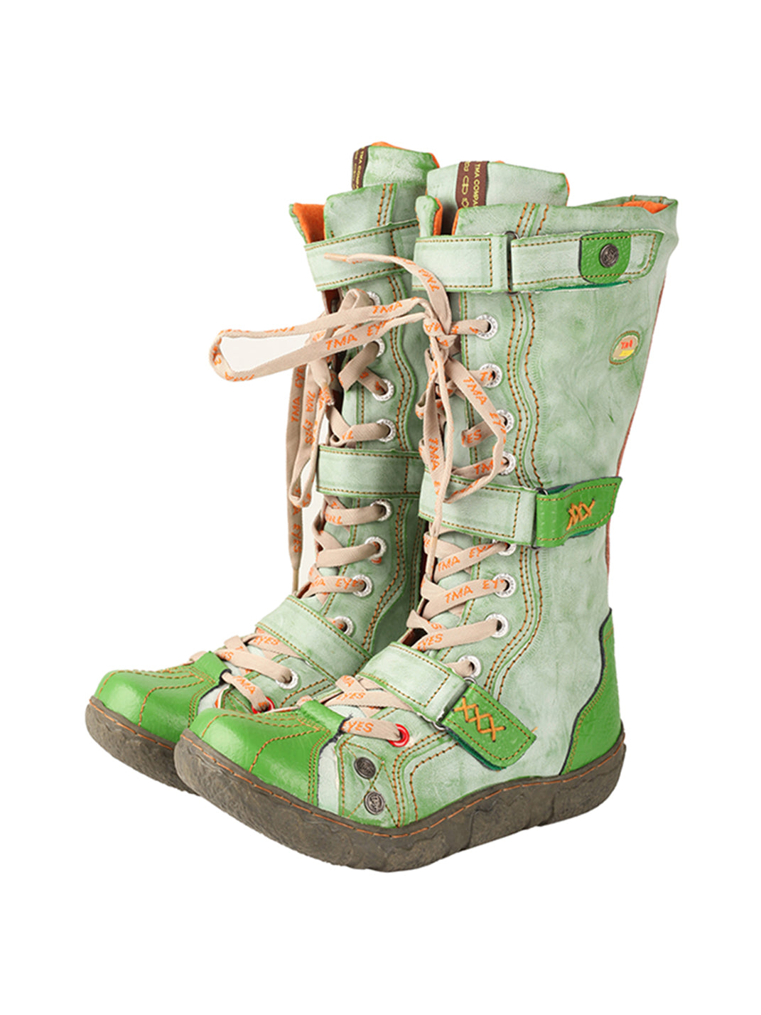 TMA EYES Y2K Washed PU Leather Lace-Up Boots - Green