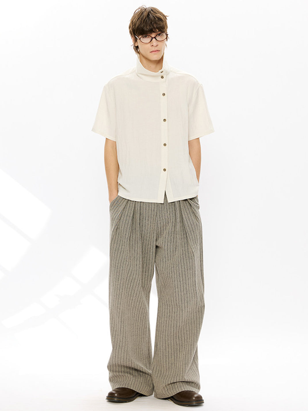 KREATE Asymmetric Placket Stand Collar Convertible Short Sleeve Shirt - view 16