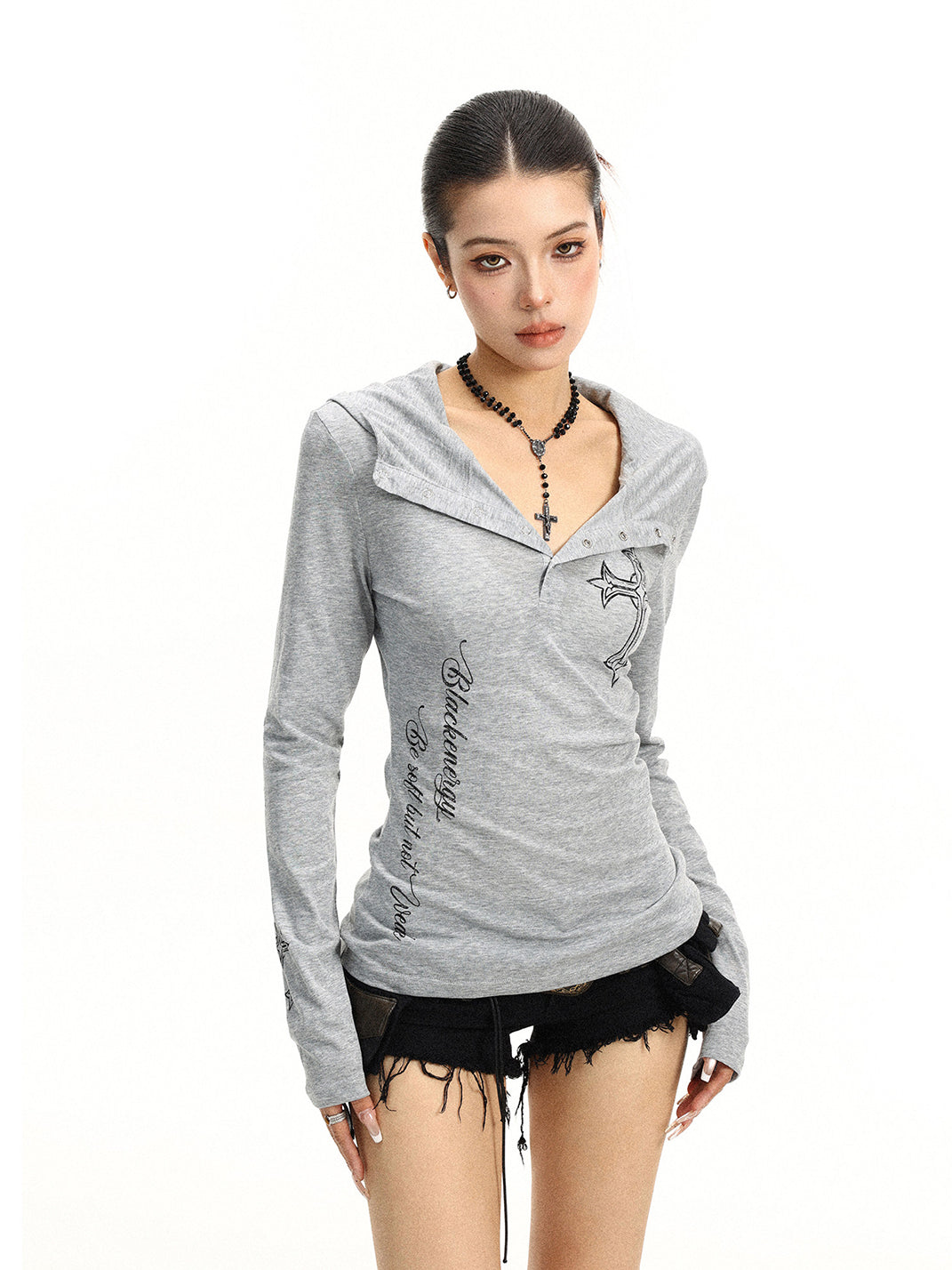 BIGGOLD Henley Neck Cross Printed Long Sleeve T-Shirt - view 16