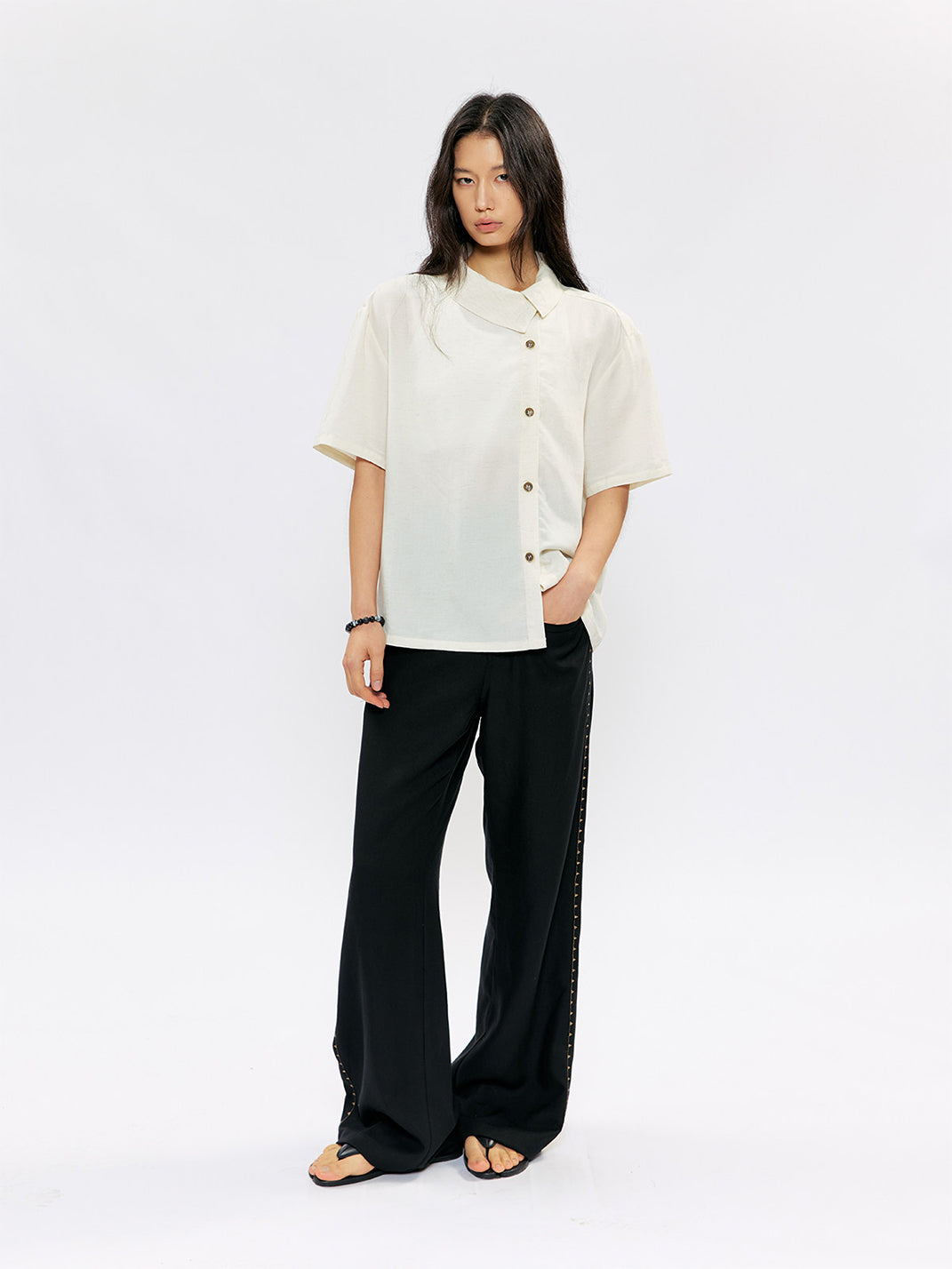 KREATE Asymmetric Placket Stand Collar Convertible Short Sleeve Shirt - view 17