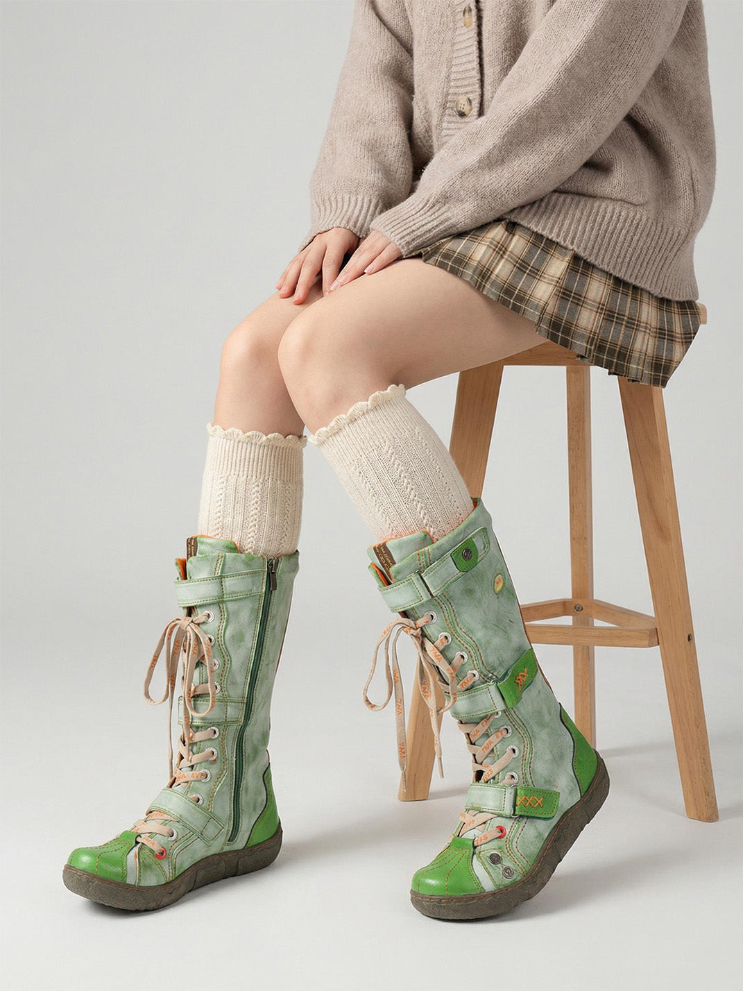 TMA EYES Y2K Washed PU Leather Lace-Up Boots - view 17