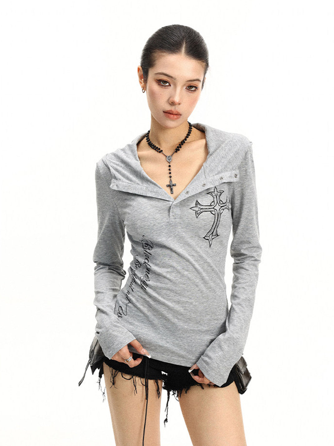 BIGGOLD Henley Neck Cross Printed Long Sleeve T-Shirt - view 17