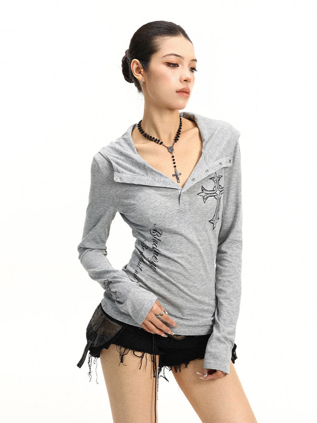 BIGGOLD Henley Neck Cross Printed Long Sleeve T-Shirt - view 18