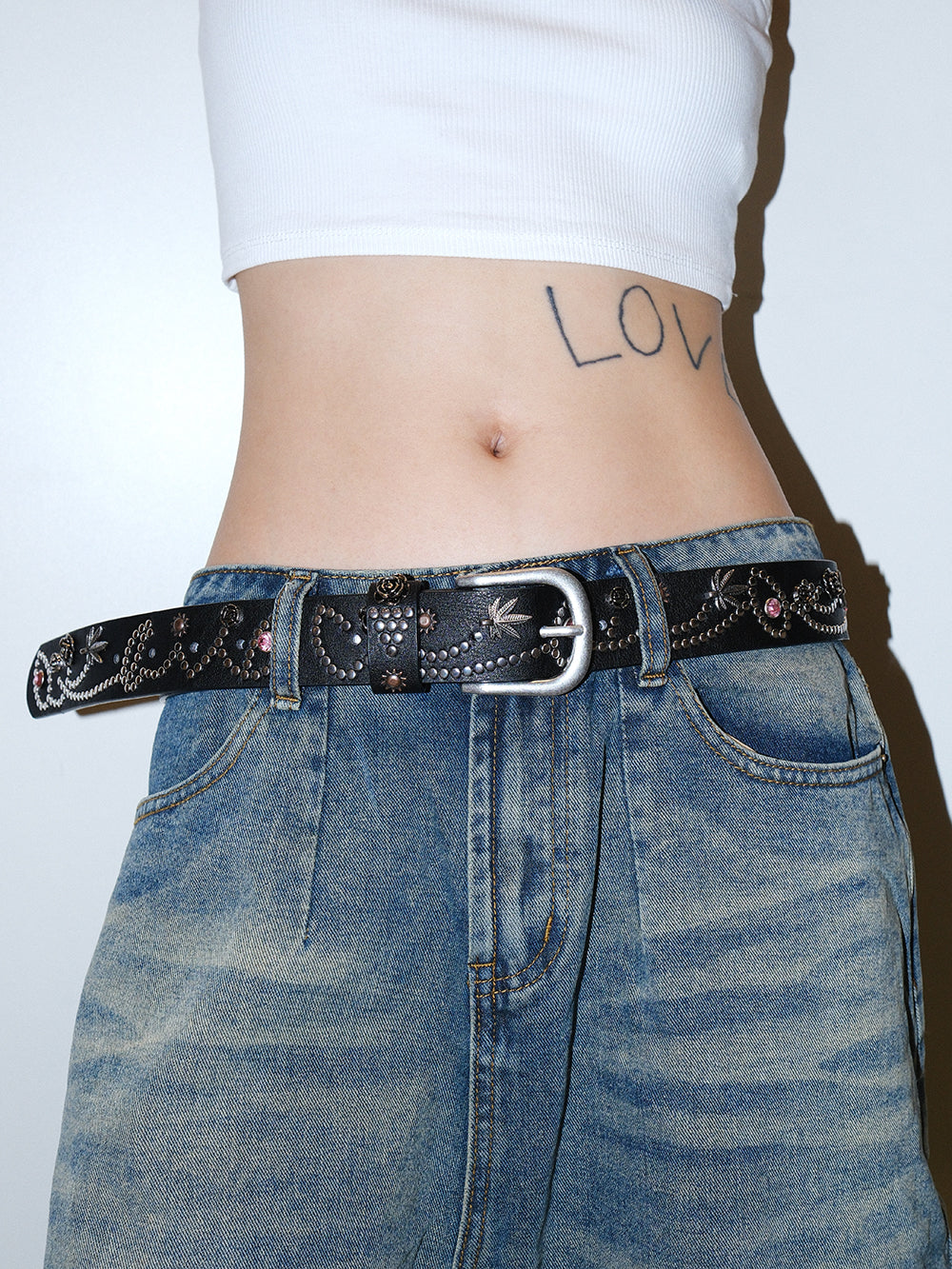 Floral Rhinestone Studded Wide Leather Belt