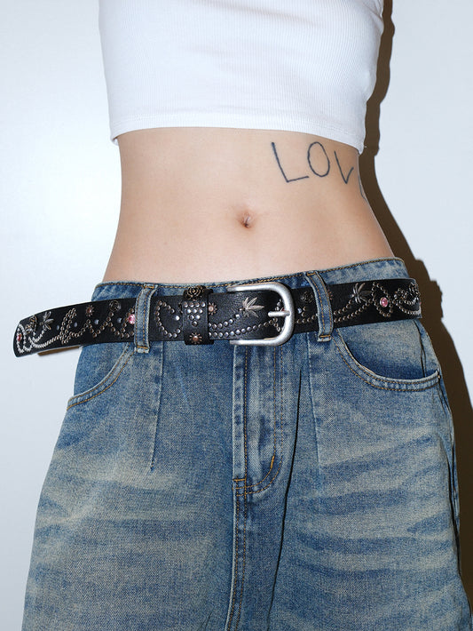 Floral Rhinestone Studded Wide Leather Belt