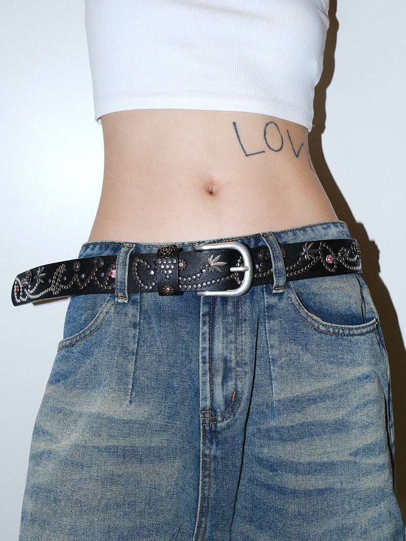 Floral Rhinestone Studded Wide Leather Belt