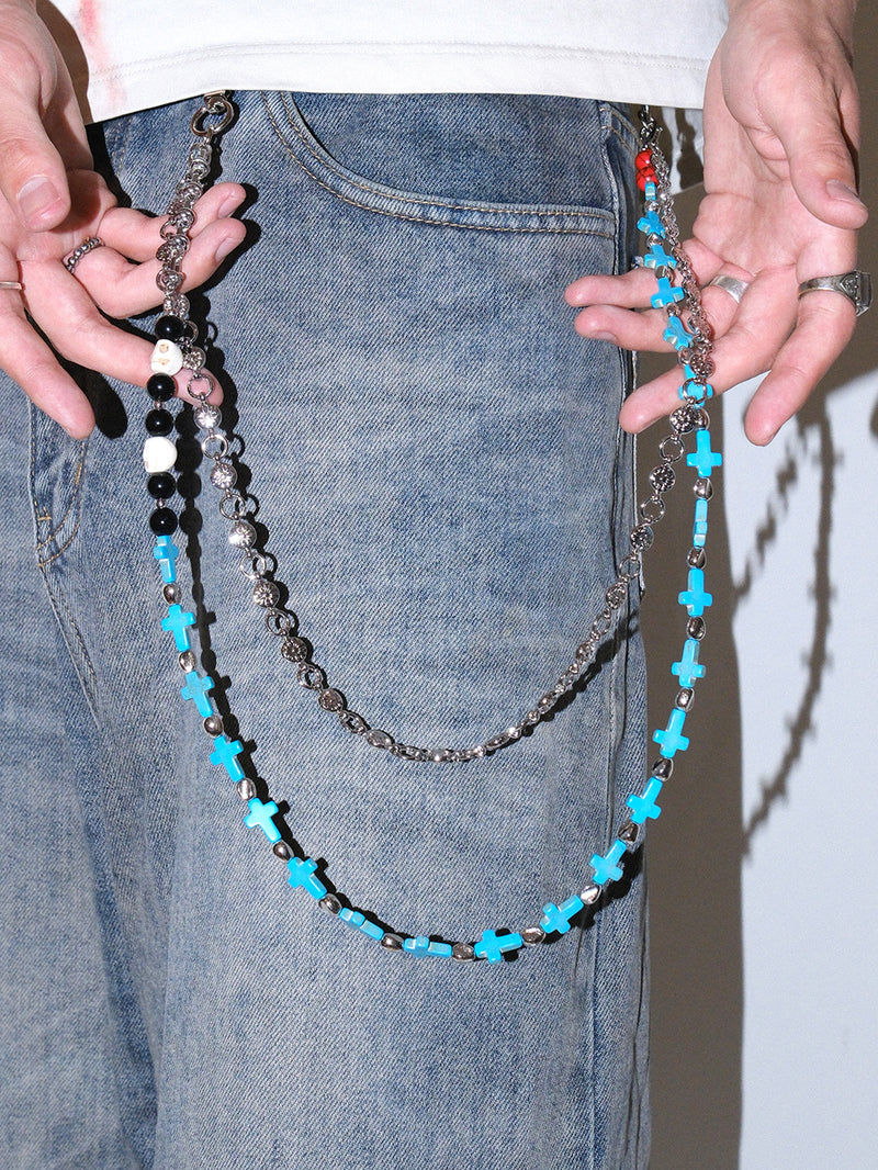Blue Skull Cross Studded Pants Chain