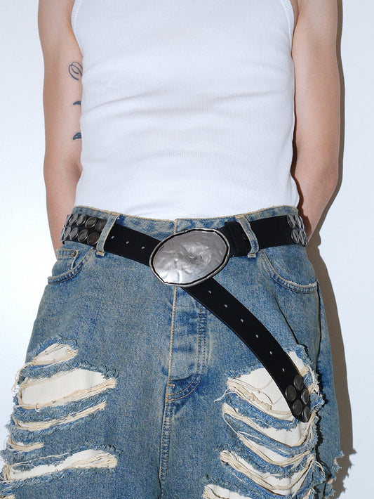 Retro Oval Buckle Round Studded Belt