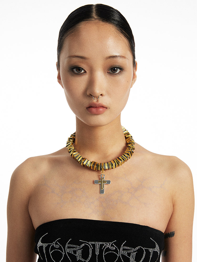 Handmade Gold Cross Contrast Color Necklace