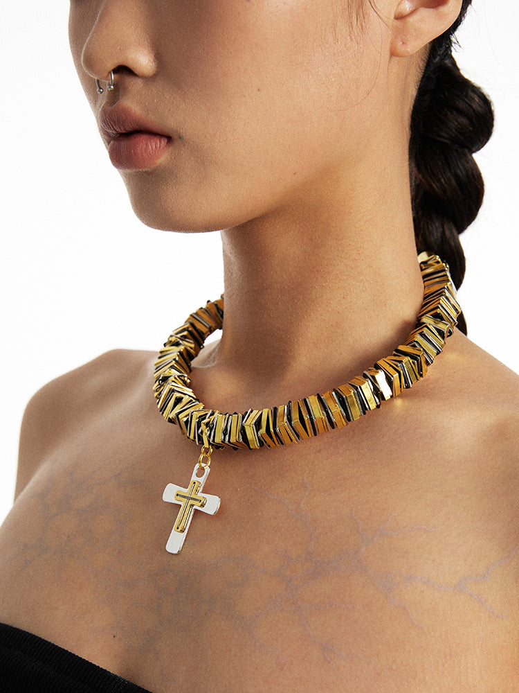 Handmade Gold Cross Contrast Color Necklace