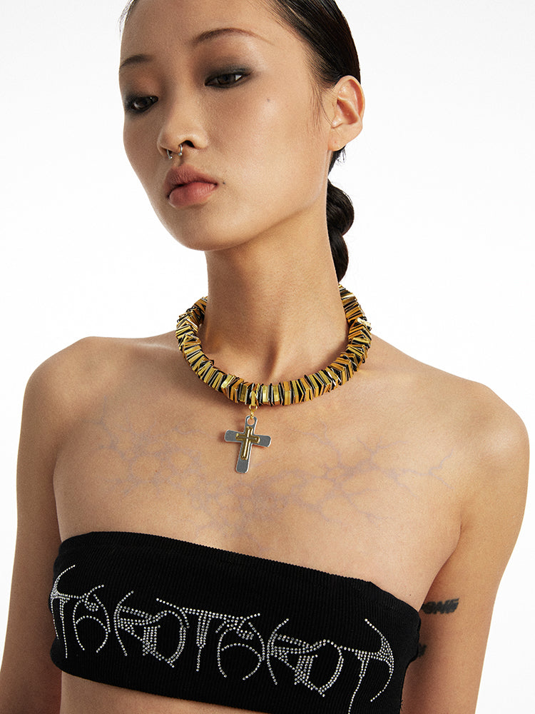 Handmade Gold Cross Contrast Color Necklace