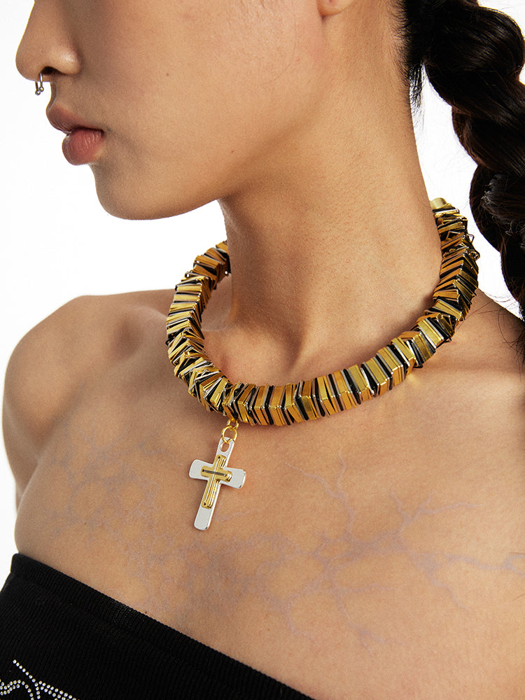 Handmade Gold Cross Contrast Color Necklace