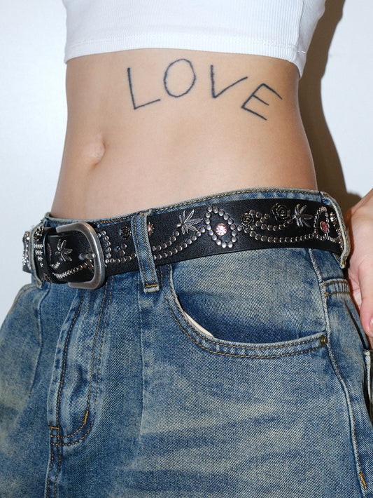 Floral Rhinestone Studded Wide Leather Belt - view 2