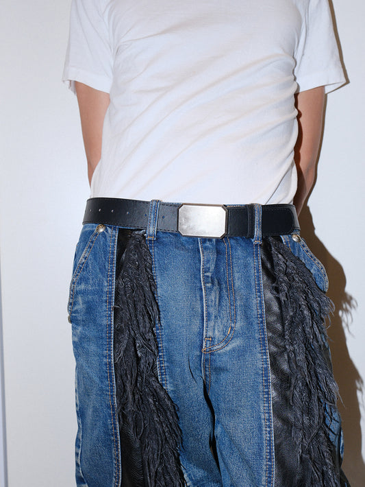 Black Square Buckle Leather Belt