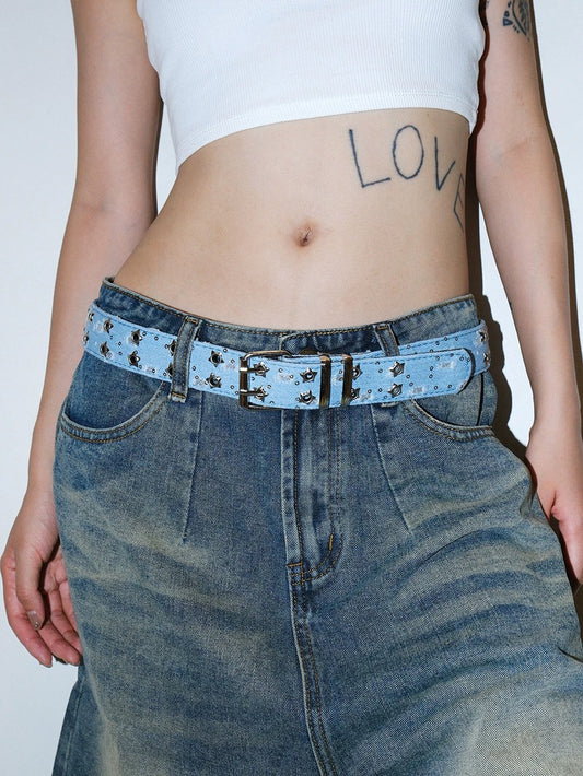 No-drill denim belt with sequins