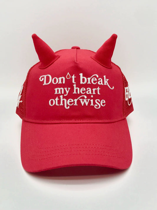 SAUCE red devil horn trucker cap, front view with embroidered lettering