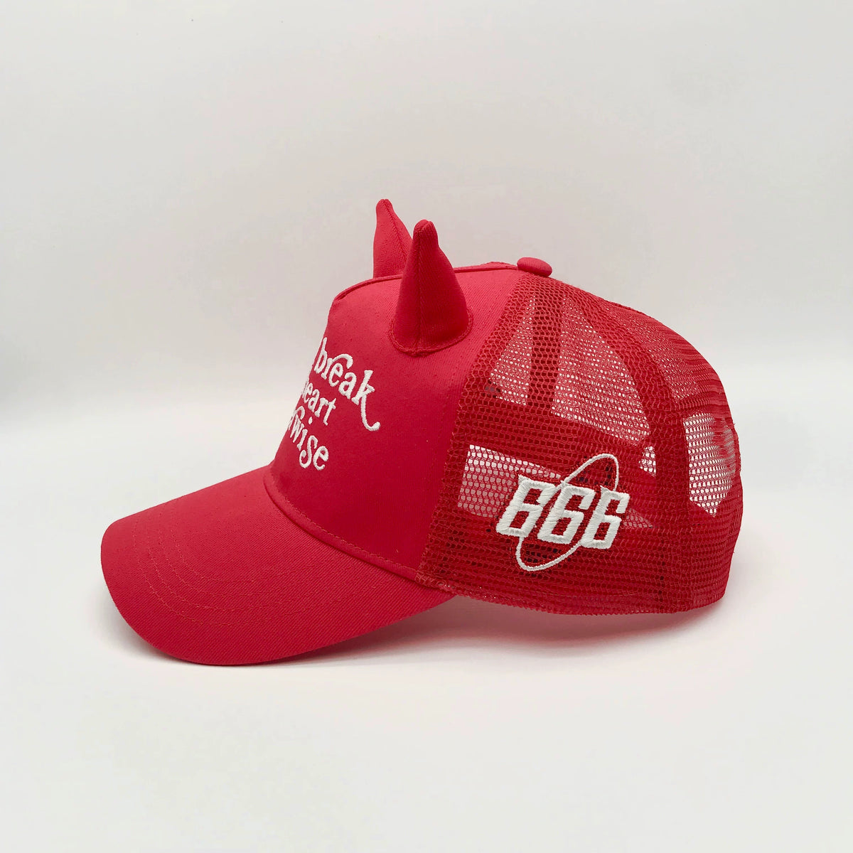 SAUCE red devil horn trucker cap, side view with mesh and embroidery