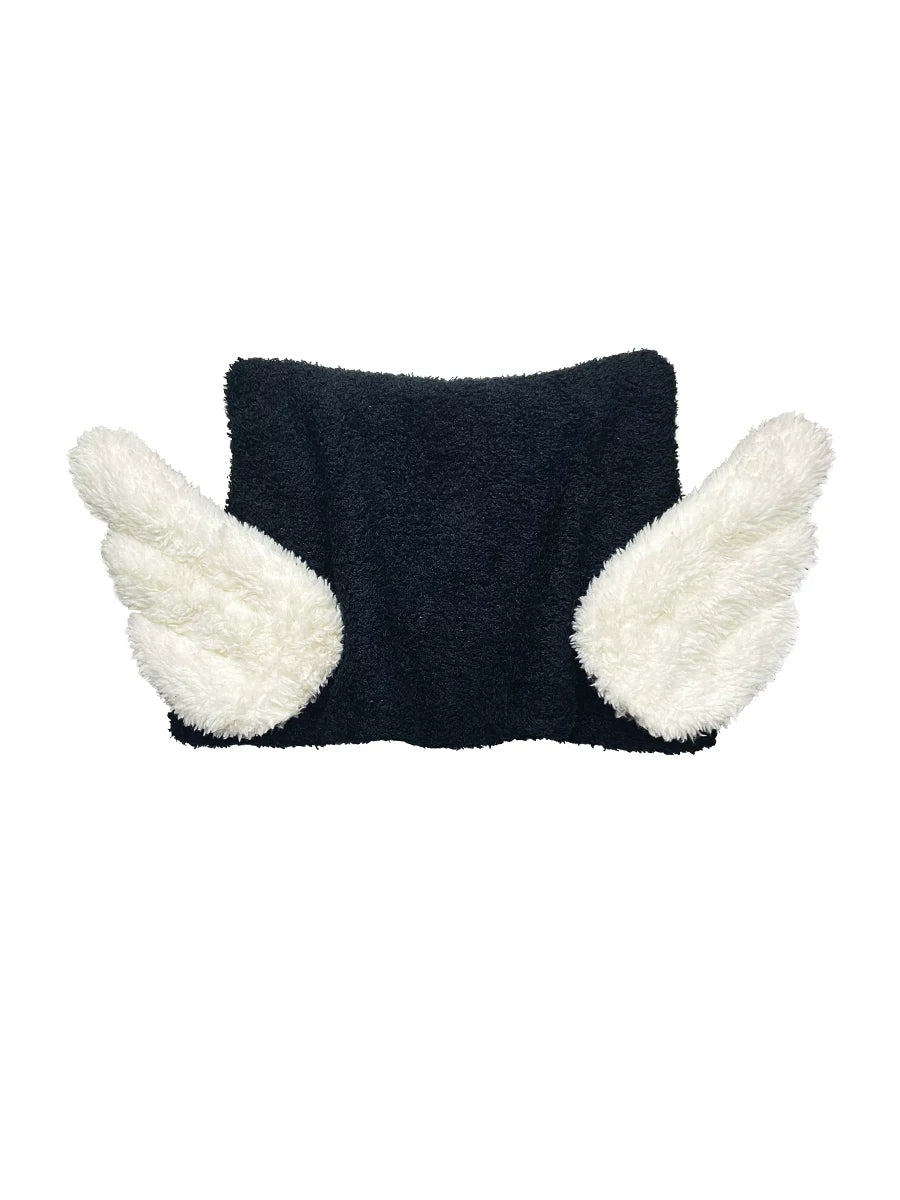 CFIERCE Winged Pointed Knit Beanie - black pointed knit beanie with soft white wings on white background