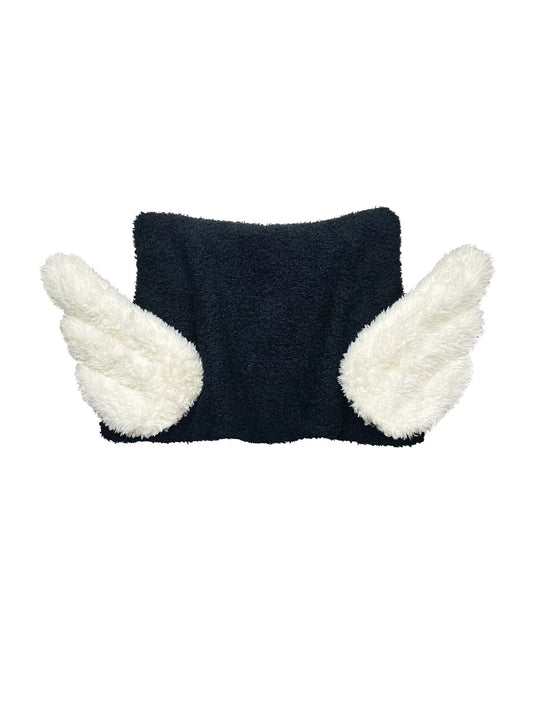 CFIERCE Winged Pointed Knit Beanie - black pointed knit beanie with soft white wings on white background