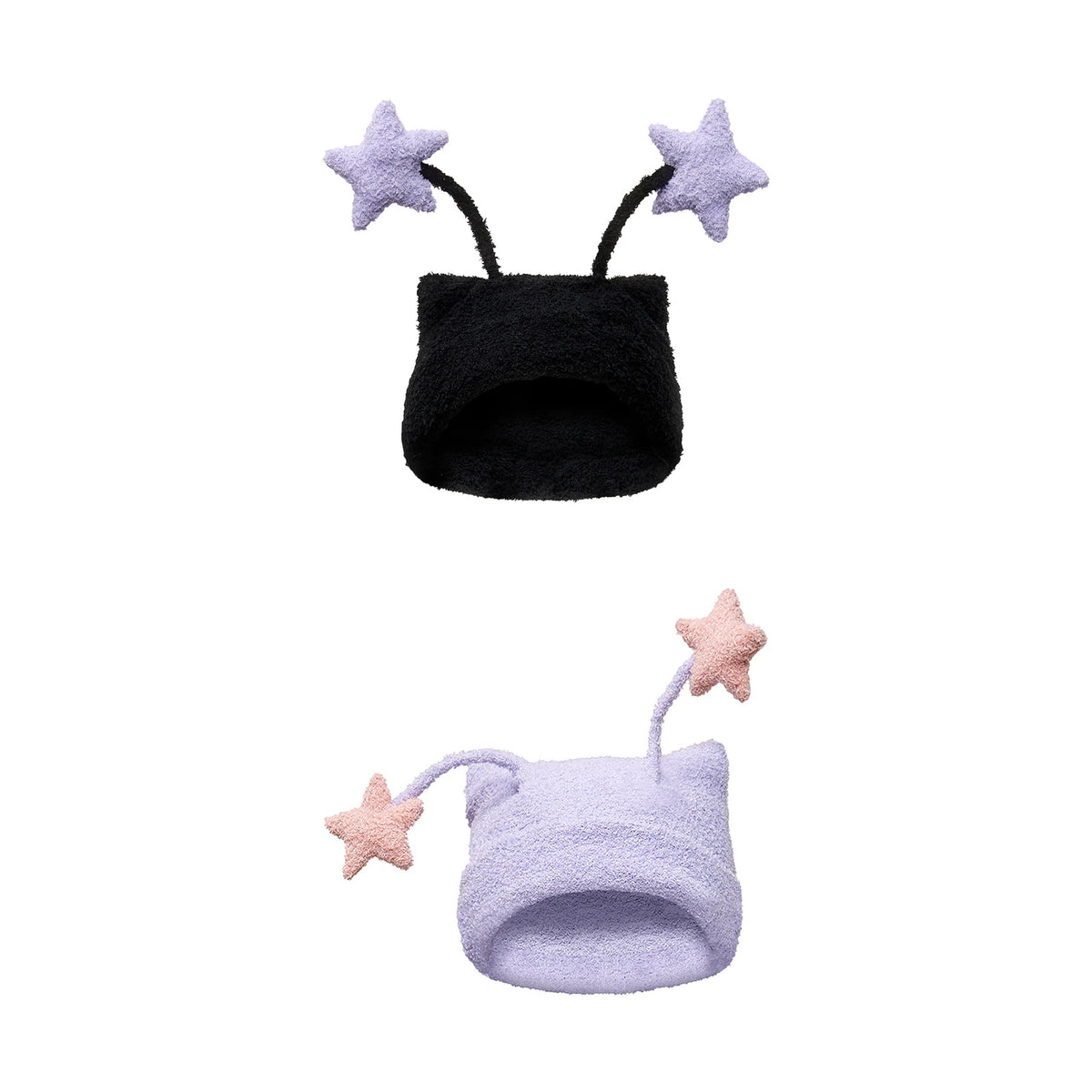 CFIERCE Star Antenna Plush Beanie - black and purple star antenna beanies on white