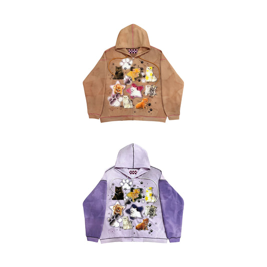CFIERCE Cat Collage Zip Hoodie - brown and purple front pair