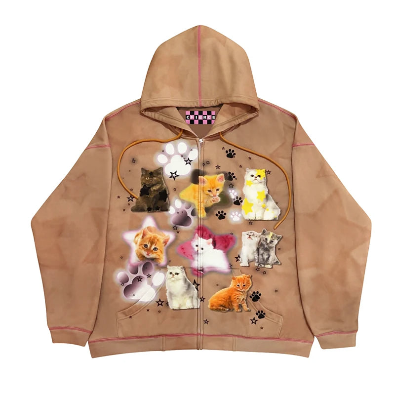 CFIERCE Cat Collage Zip Hoodie - SKU图_3_棕色 现货
