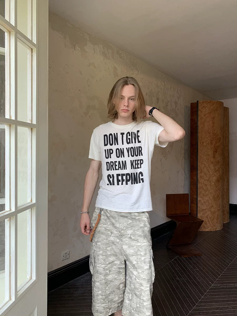 Vintage Slogan Print Hemp Cotton Boxy T-Shirt - Off-White front full look