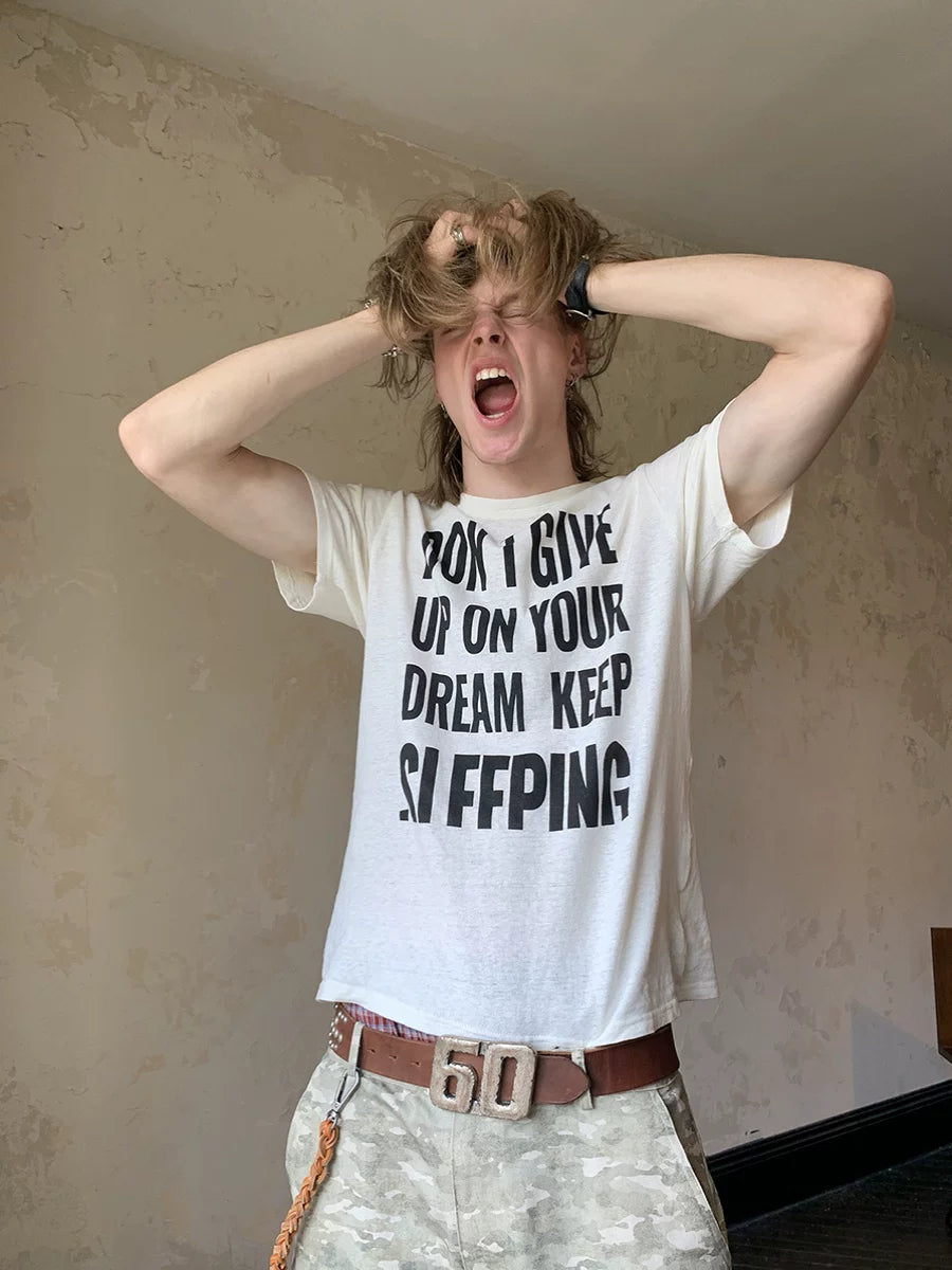 Vintage Slogan Print Hemp Cotton Boxy T-Shirt - Off-White front close-up